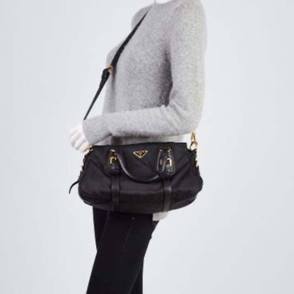 Authentic PRADA Tessuto Nylon And Leather Bauletto Bag Black - Picture 3 of 15